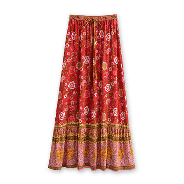 Strawberry Rose Boho Floral Print Maxi Skirt