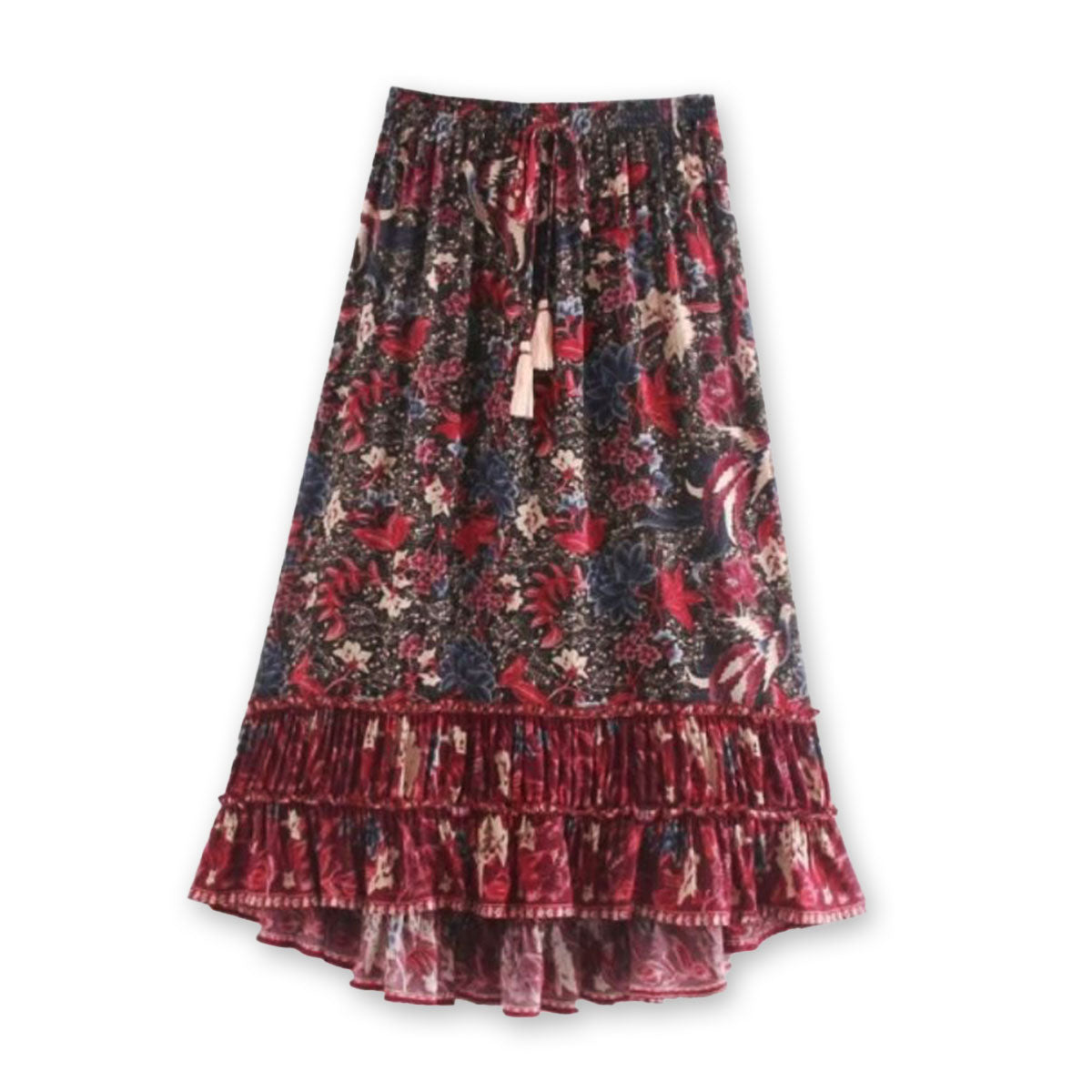 Ruby Dusk Peacock Boho Floral Print Midi Skirt