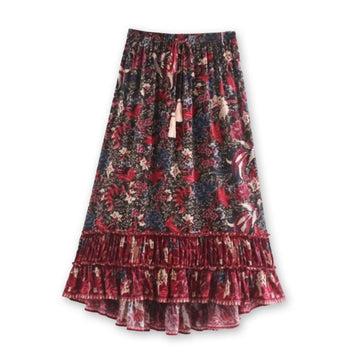 Ruby Dusk Peacock Boho Floral Print Midi Skirt