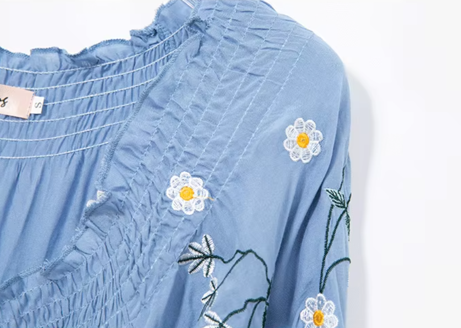 Blue Blossom Floral Embroidered Maxi Dress