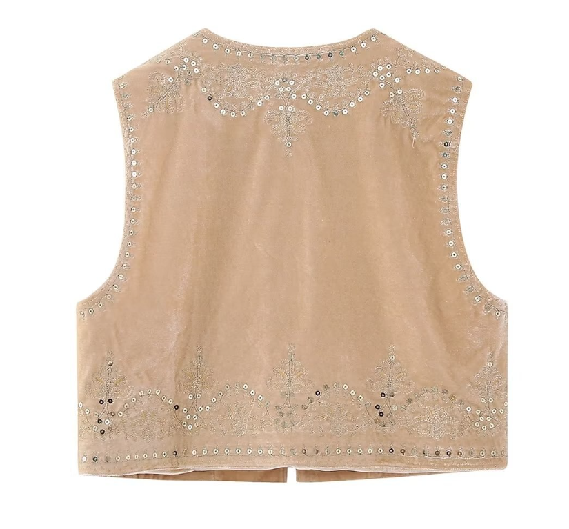 Cream Boho Sequin Embroidered Vest