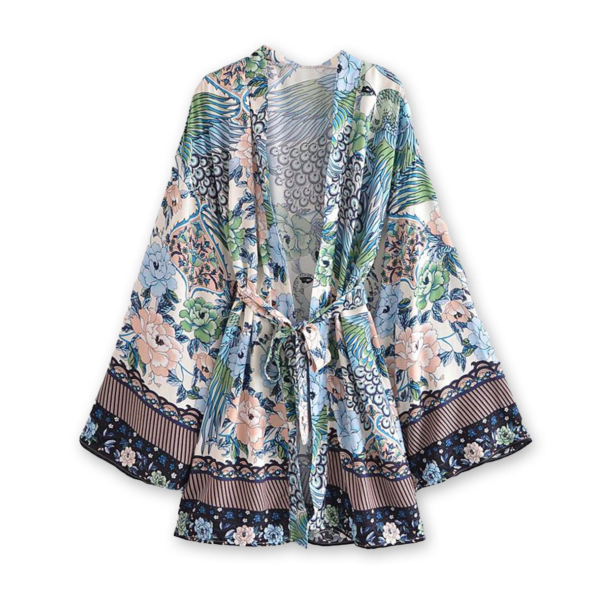 Blue Peacock Boho Floral Print Short Robe