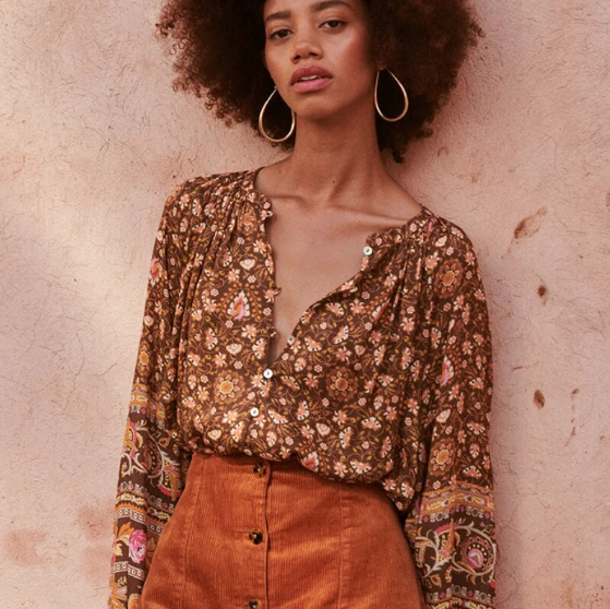 Espresso Brown Boho Floral Print Long Sleeve Blouse