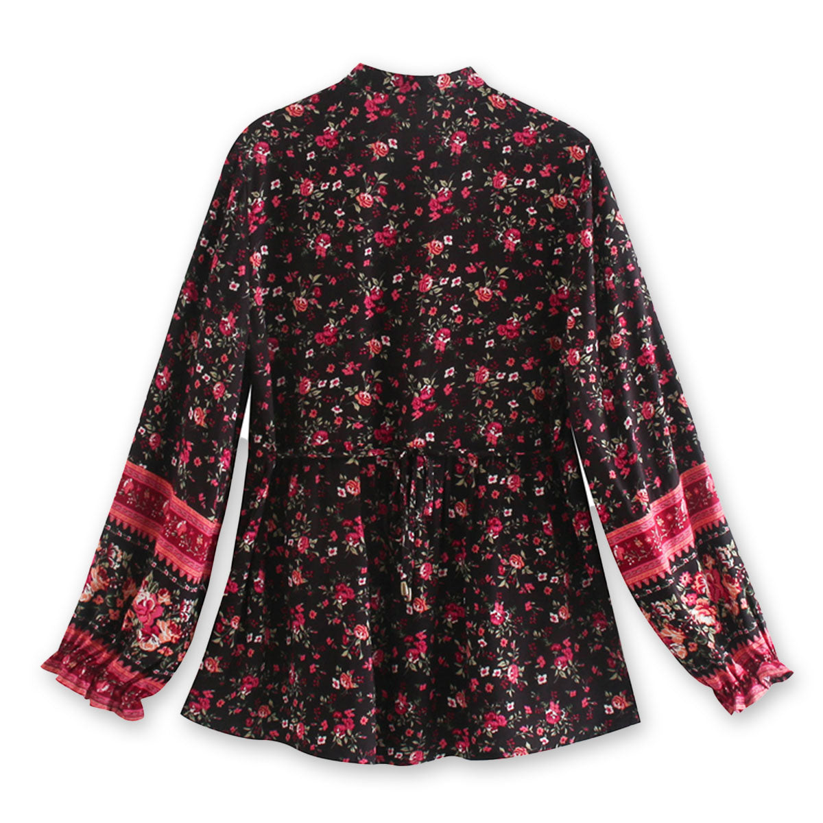 Black Rose Boho Floral Print Long Sleeve Blouse