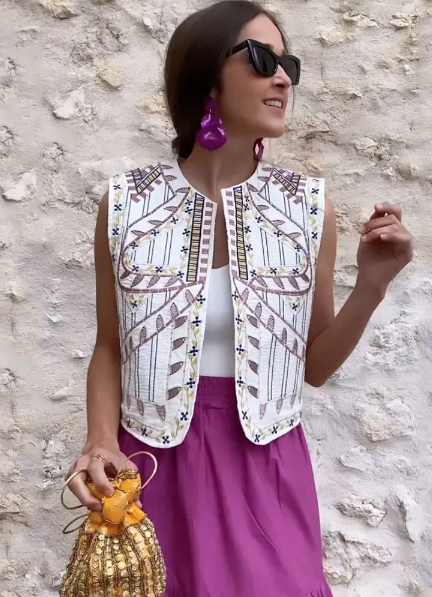 White Boho Floral Embroidered Vest