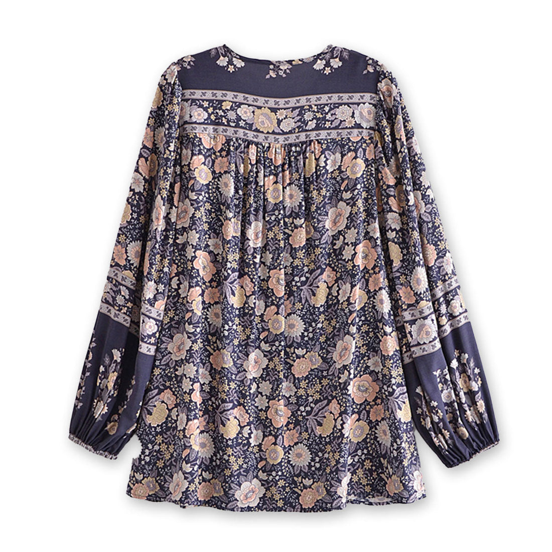 Midnight Blue Boho Floral Print Long Sleeve Blouse