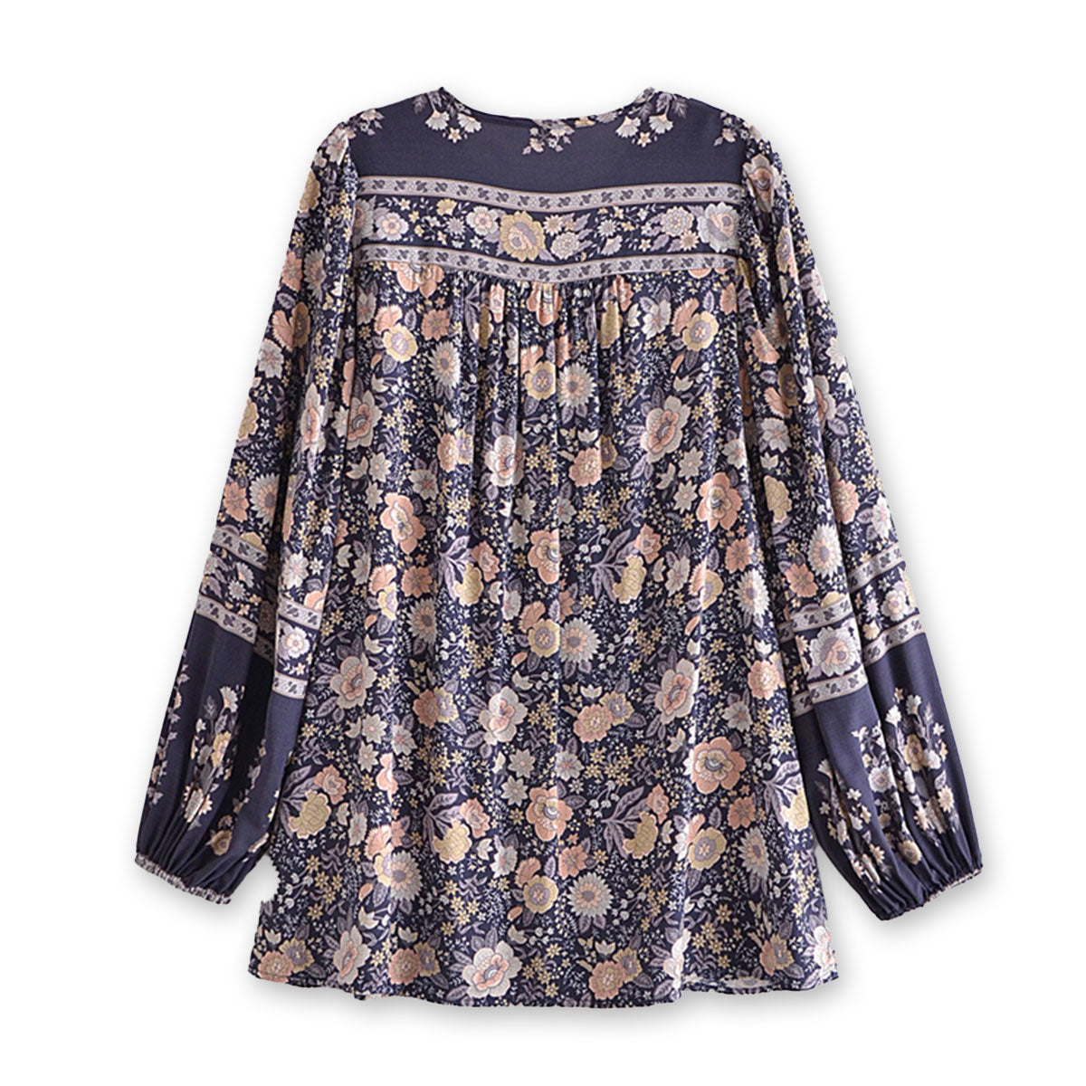 Midnight Blue Boho Floral Print Long Sleeve Blouse