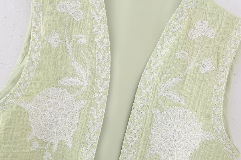 Sage Blooms Boho Floral Embroidered Vest