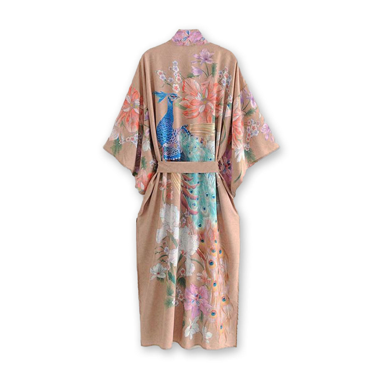 Mesa Tan Peacock Boho Floral Print Maxi Robe