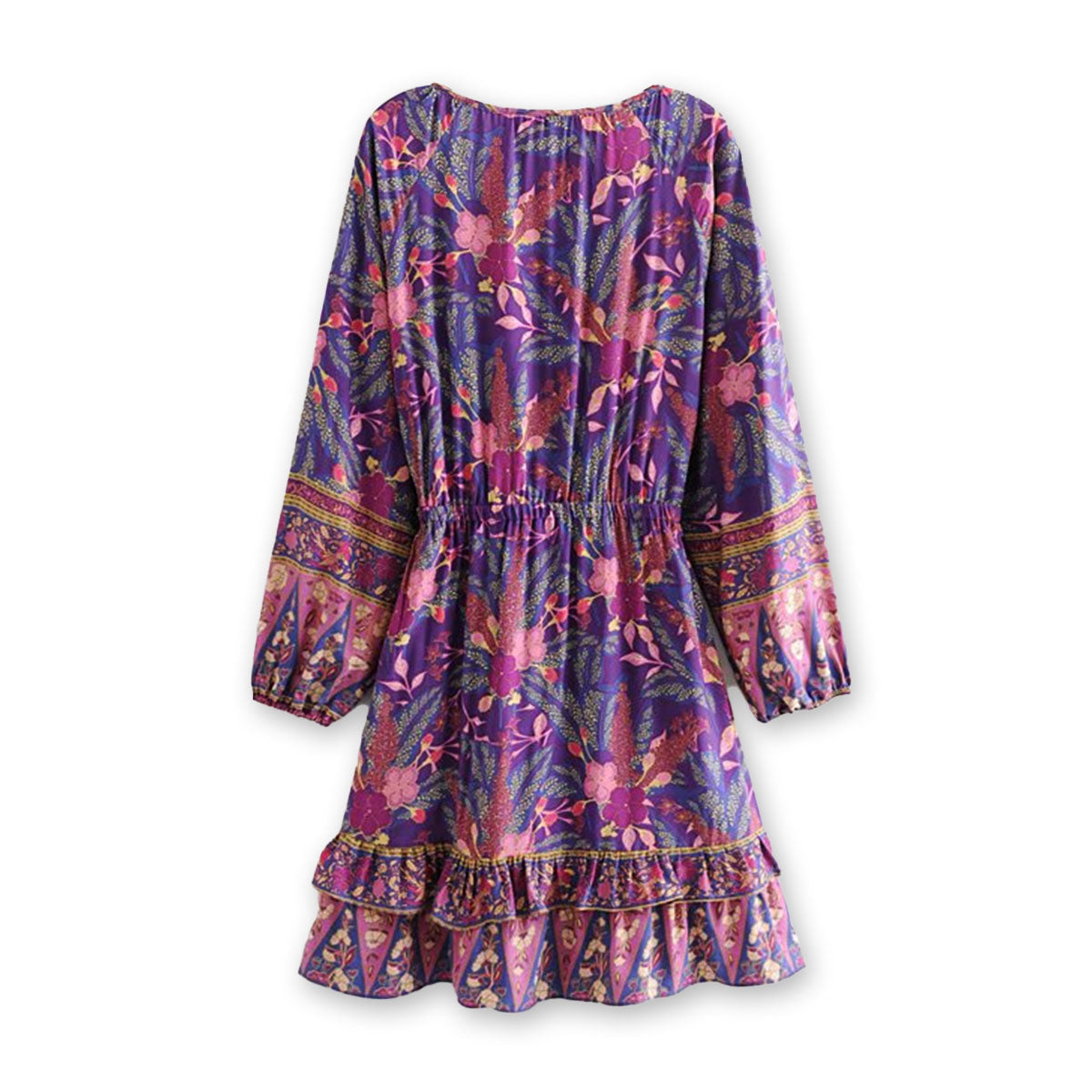 Purple Wisteria Boho Floral Print Long Sleeve Mini Dress