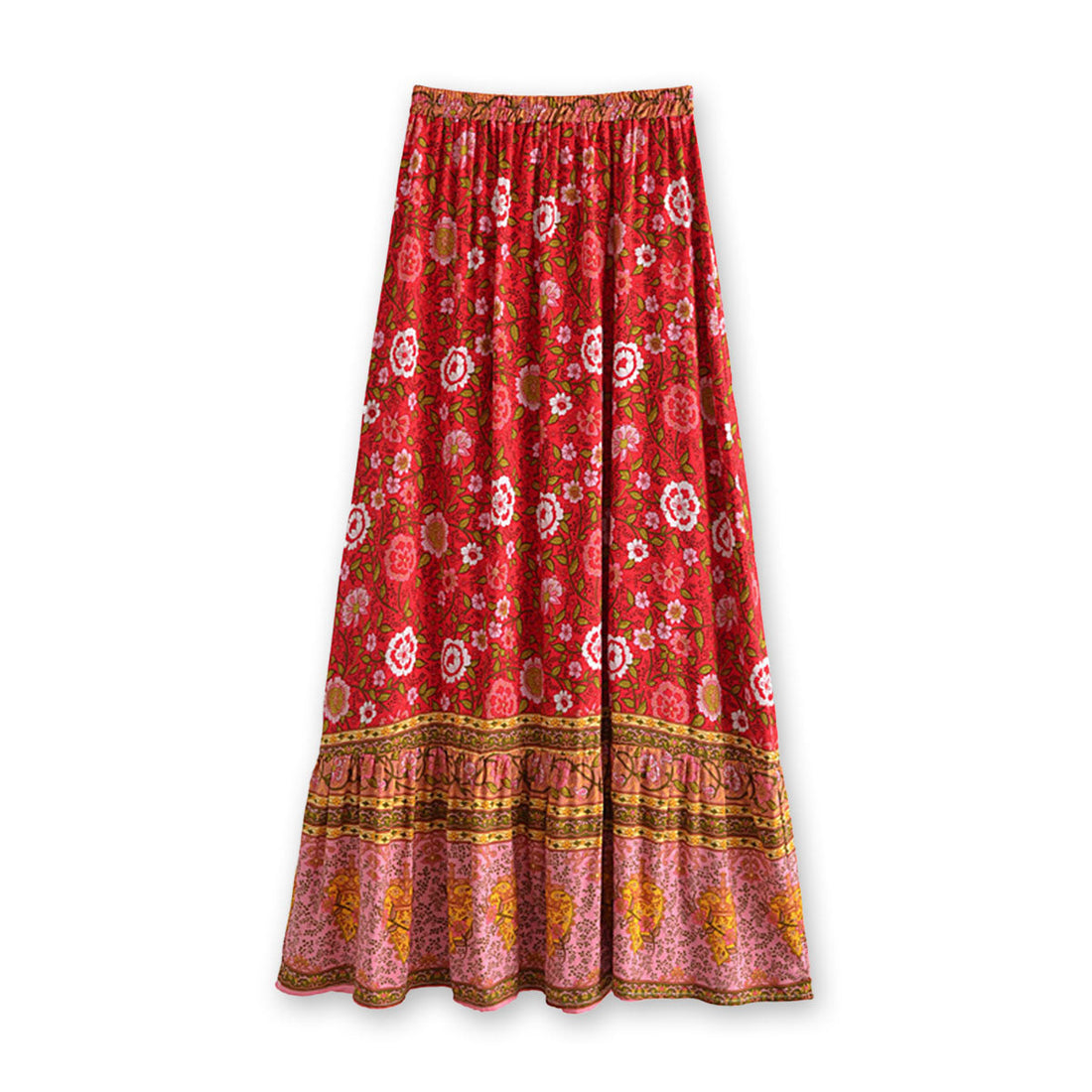 Strawberry Rose Boho Floral Print Maxi Skirt