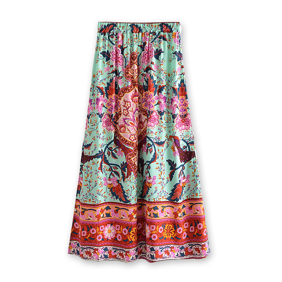 Aqua Blue Peacock Boho Floral Print Midi Skirt