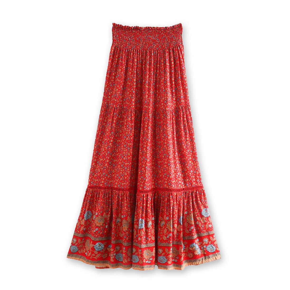 Rose Red Boho Floral Print Maxi Skirt