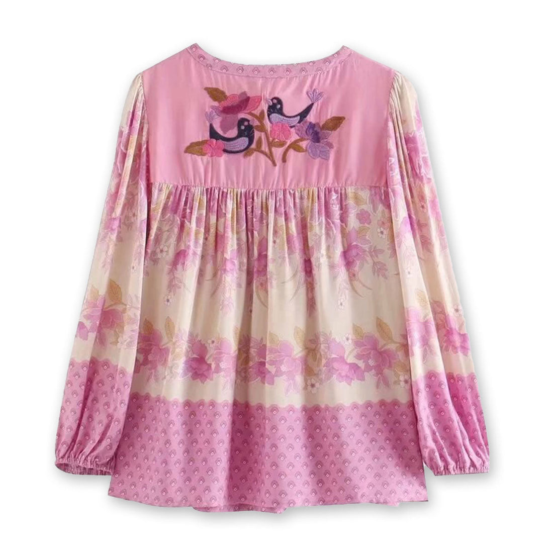 Pink Lovebird Boho Floral Print Long Sleeve Blouse