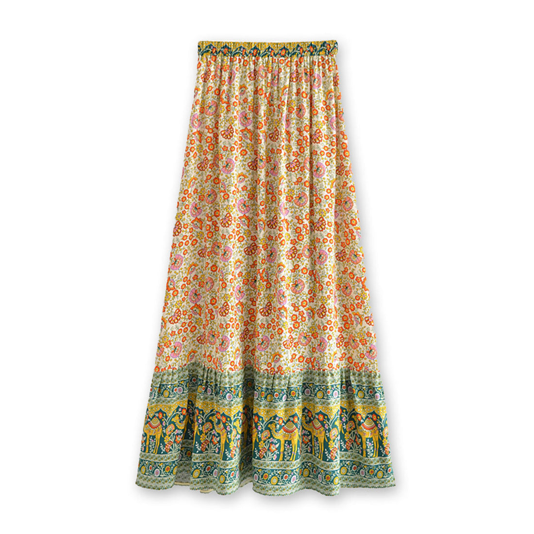 Saffron Camel Boho Floral Print Maxi Skirt