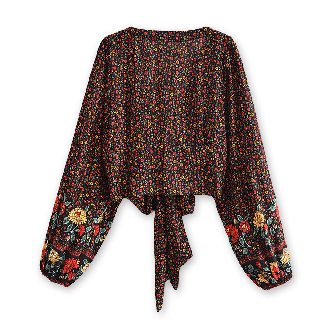 Midnight Garden Boho Floral Print Long Sleeve Crop Top
