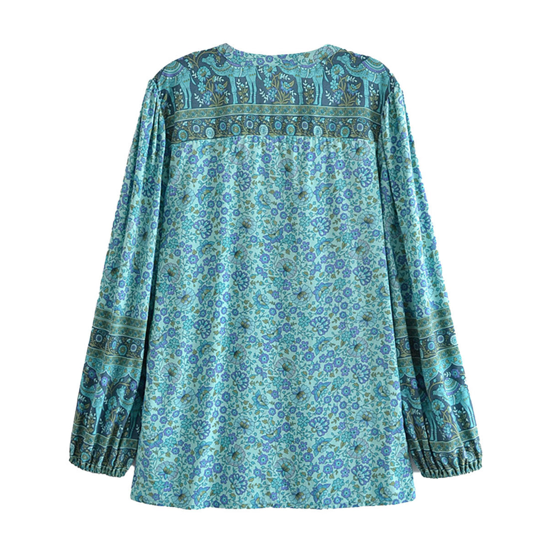 Calypso Blue Camel Boho Floral Print Long Sleeve Blouse