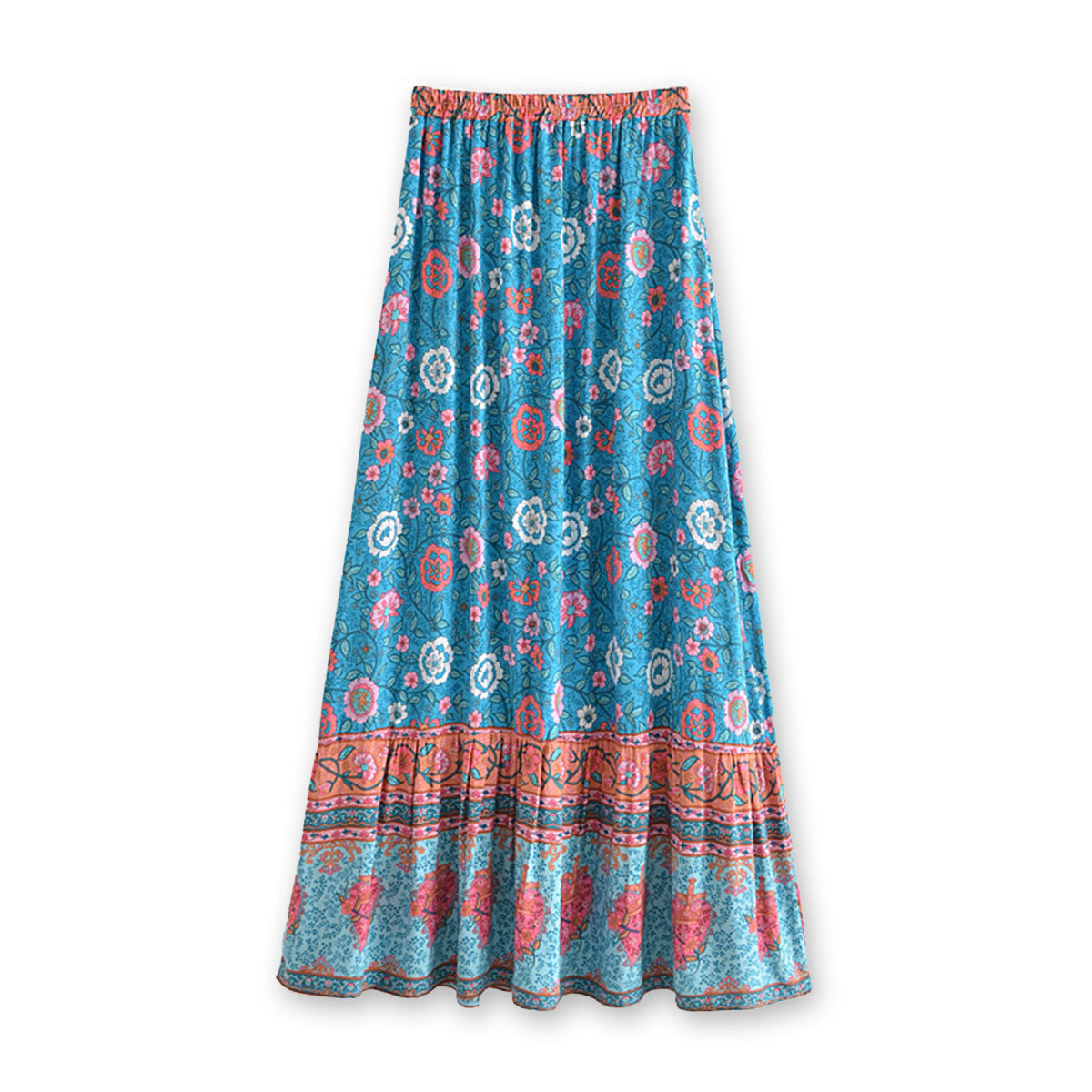Blue Bouquet Boho Floral Print Maxi Skirt