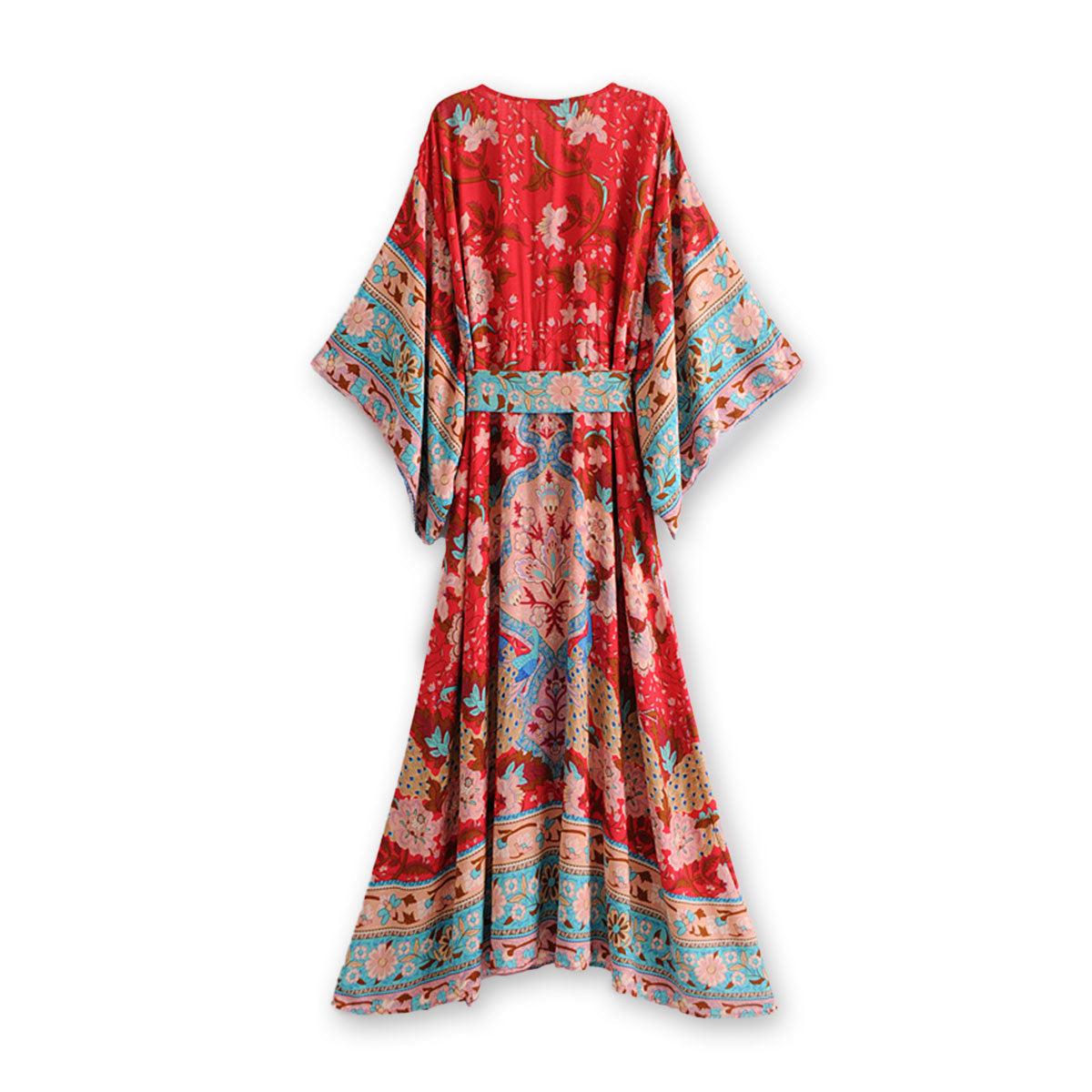 Fiery Red Peacock Boho Floral Print Midi Dress