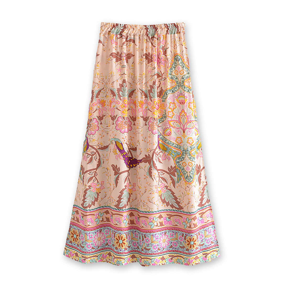 Peony Pink Peacock Boho Floral Print Midi Skirt