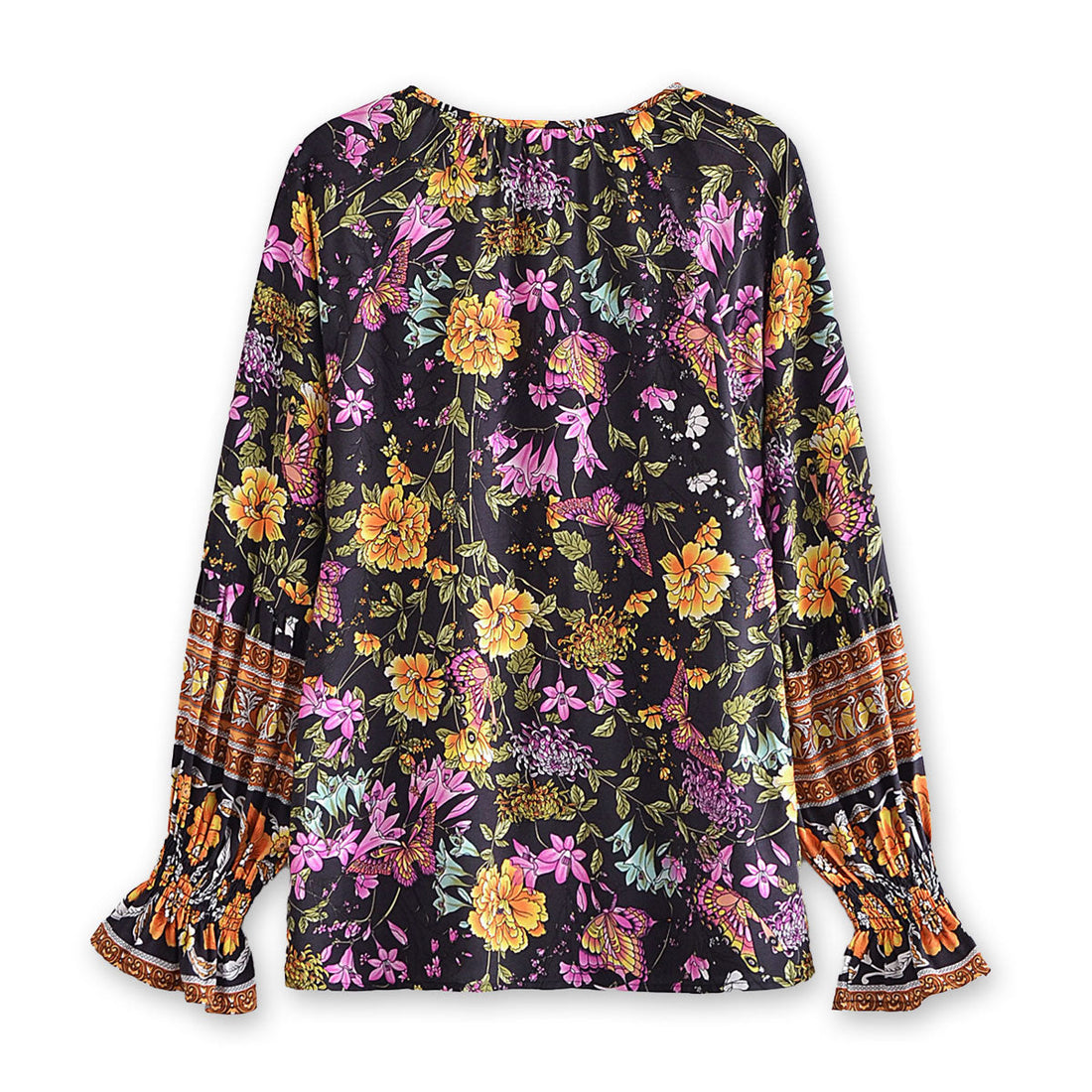 Dark Butterfly Boho Floral Print Long Sleeve Blouse