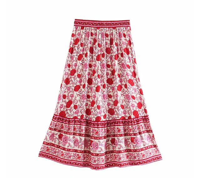 Rose Charm Boho Floral Print Midi Skirt