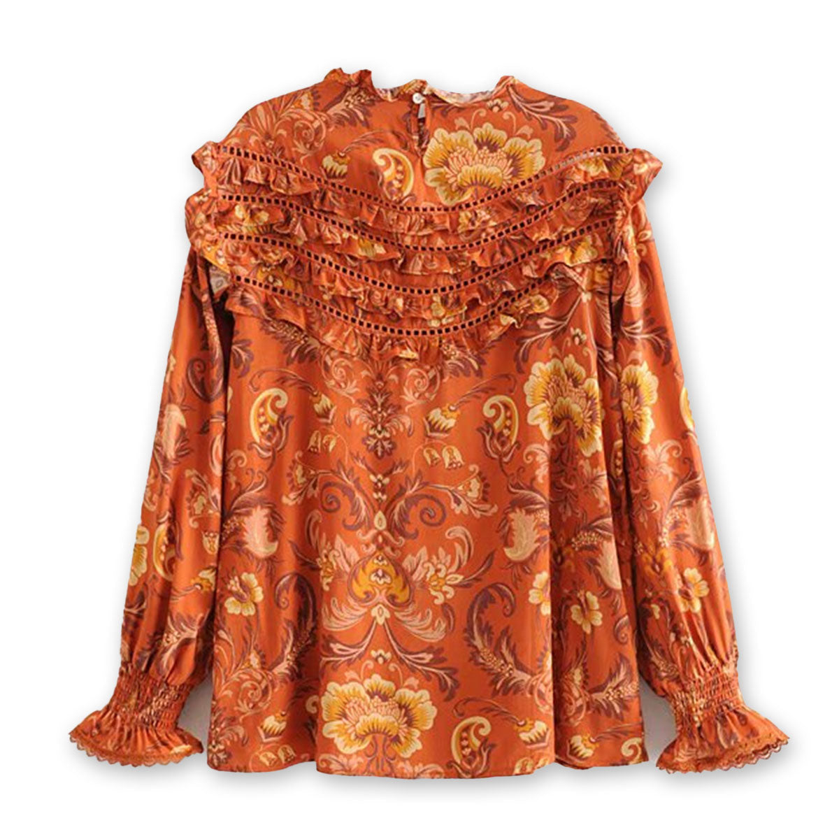 Burnt Amber Boho Floral Print Long Sleeve Blouse