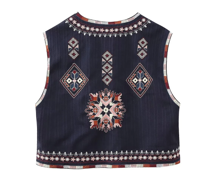 Navy Boho Aztec Embroidered Vest