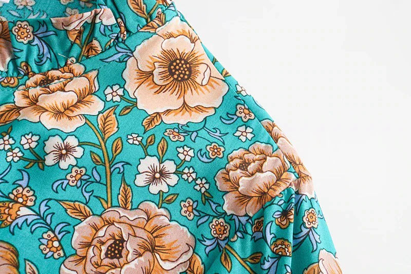 Teal Blossom Boho Floral Print Long Sleeve Blouse