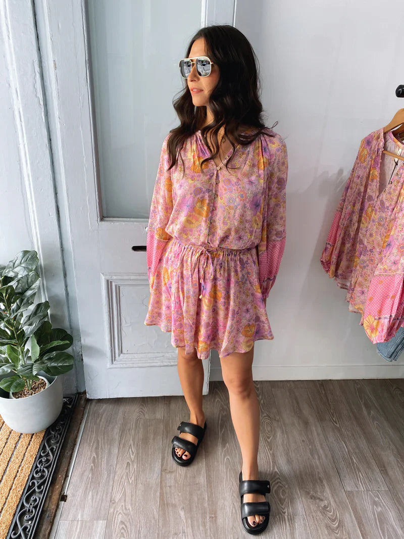 Pink Hibiscus Boho Floral Print Long Sleeve Blouse