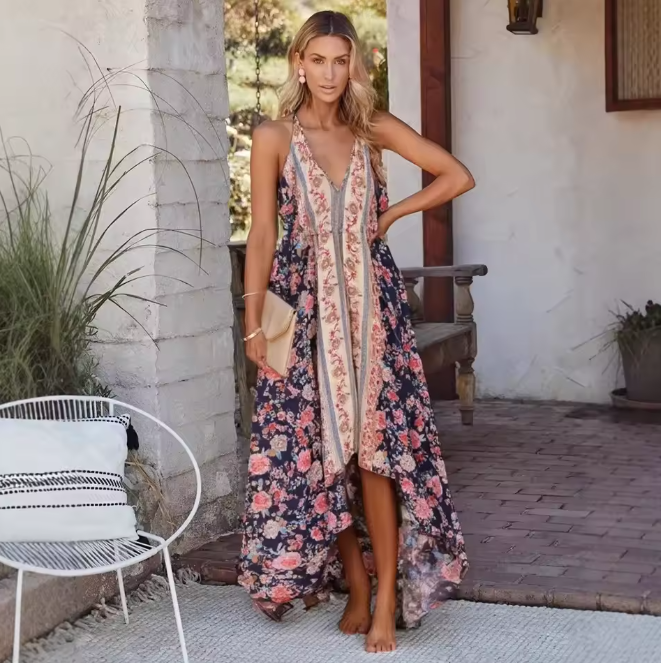 Rose Embrace Boho Floral Print Maxi Dress