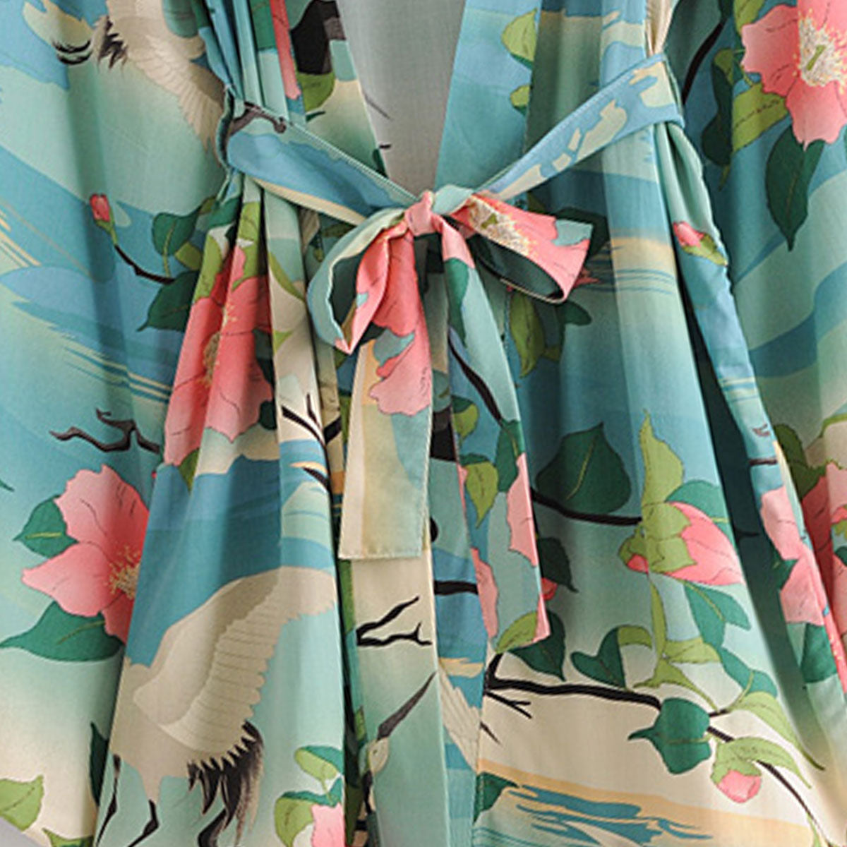 Moonlight Crane Boho Floral Print Short Robe