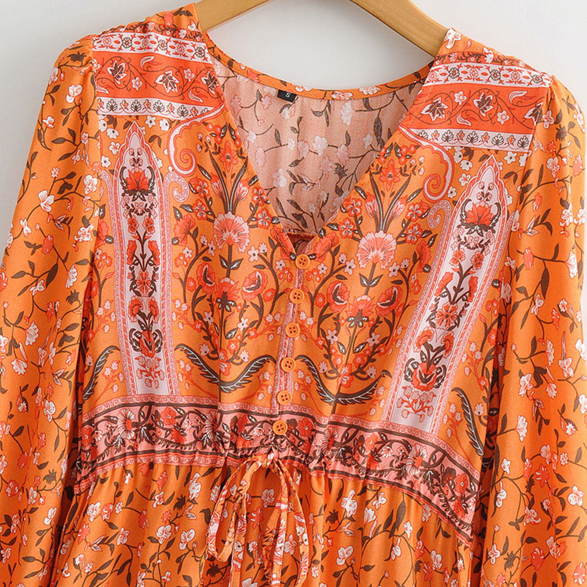 Orange Blossom Boho Floral Print Long Sleeve Mini Dress