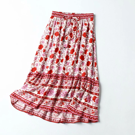 Rose Charm Boho Floral Print Midi Skirt