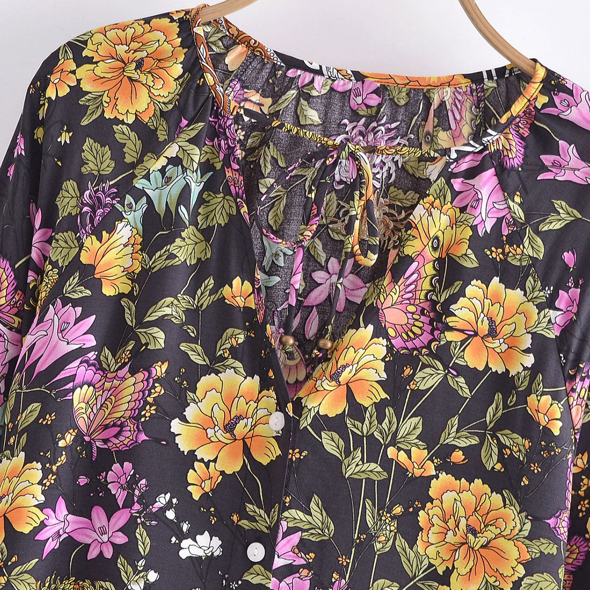 Dark Butterfly Boho Floral Print Long Sleeve Blouse
