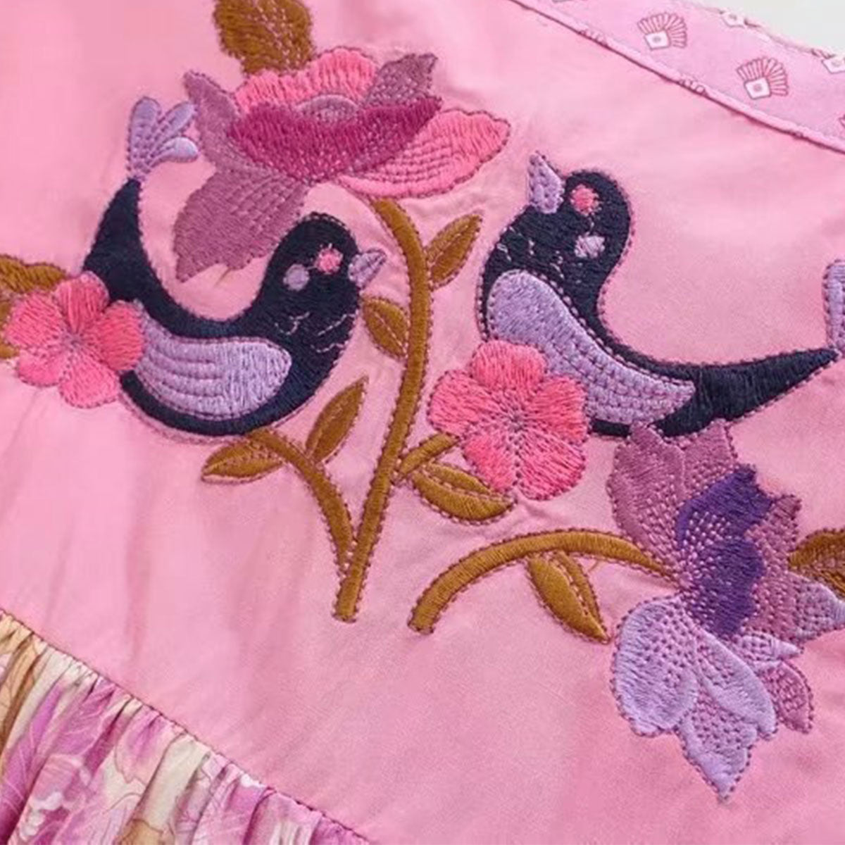 Pink Lovebird Boho Floral Print Long Sleeve Blouse