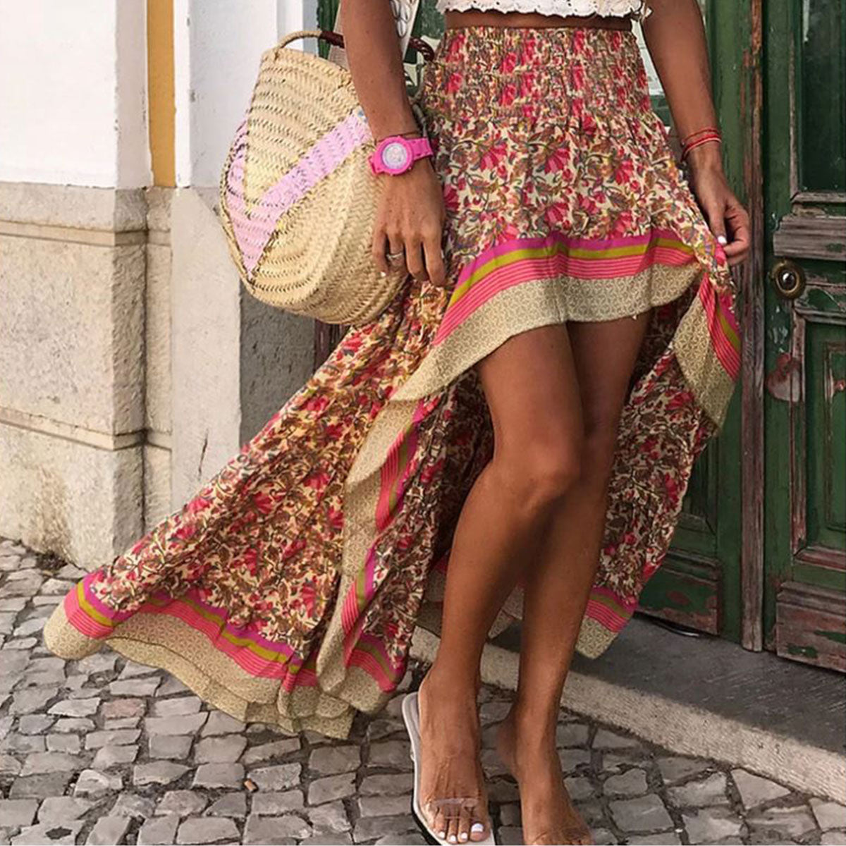 Fantasy Rose Boho Floral Print High-Low Maxi Skirt