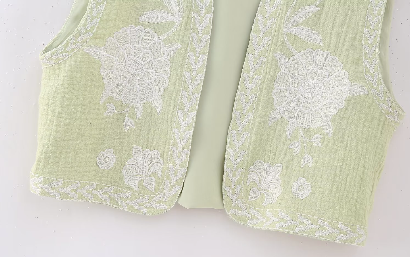 Sage Blooms Boho Floral Embroidered Vest