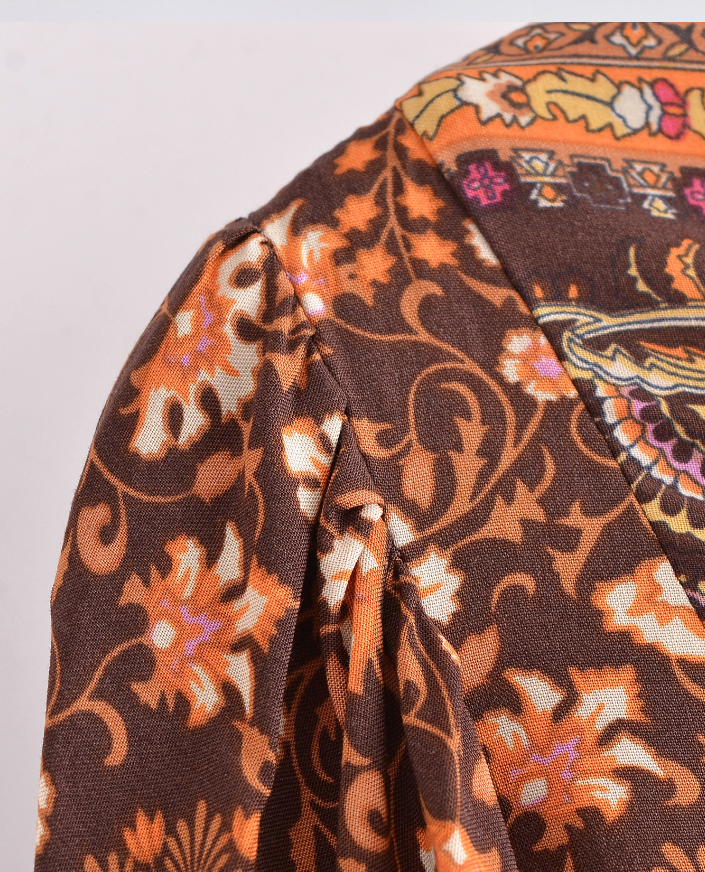 Espresso Brown Boho Floral Print Long Sleeve Blouse