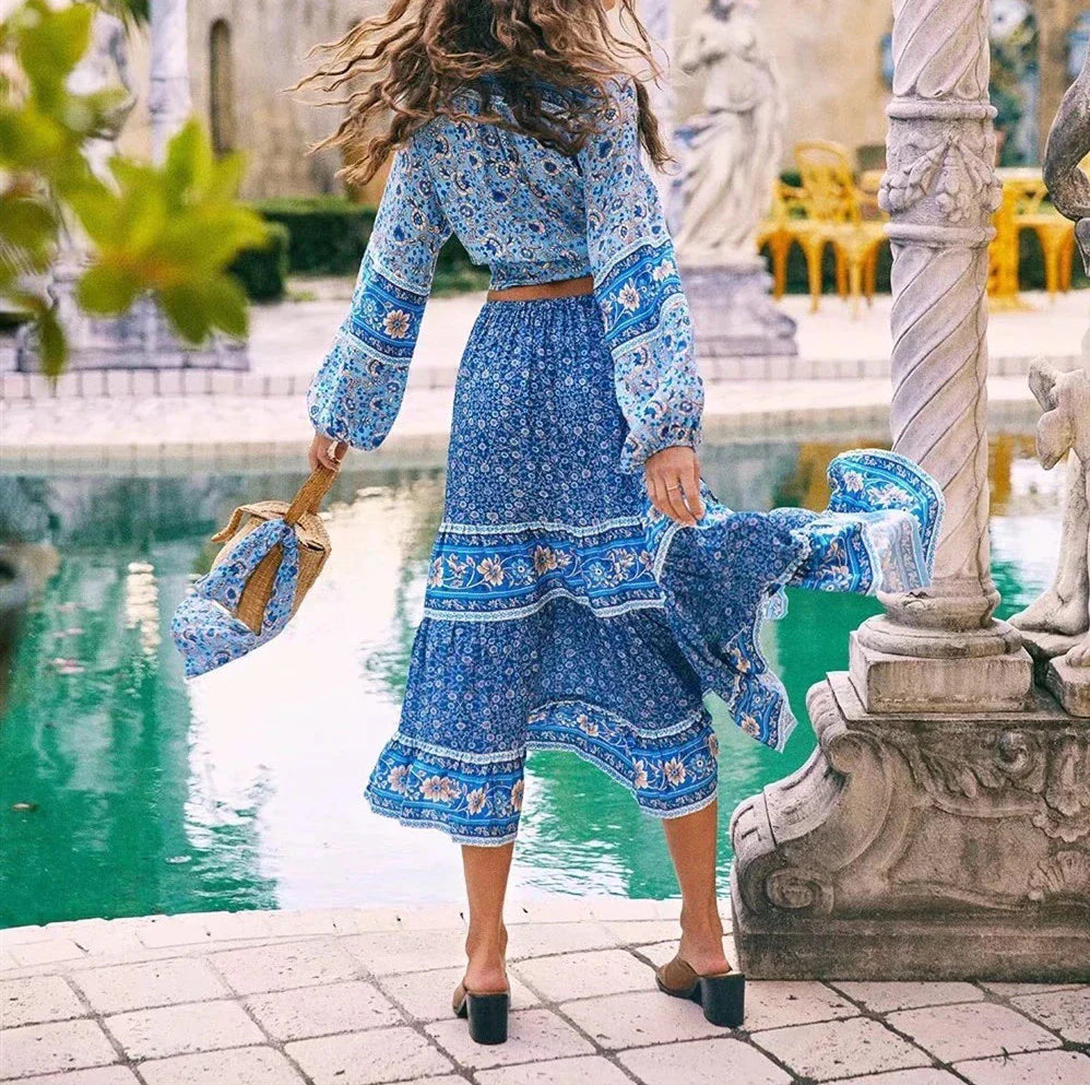 Blue Willow Boho Floral Print Long Sleeve Blouse