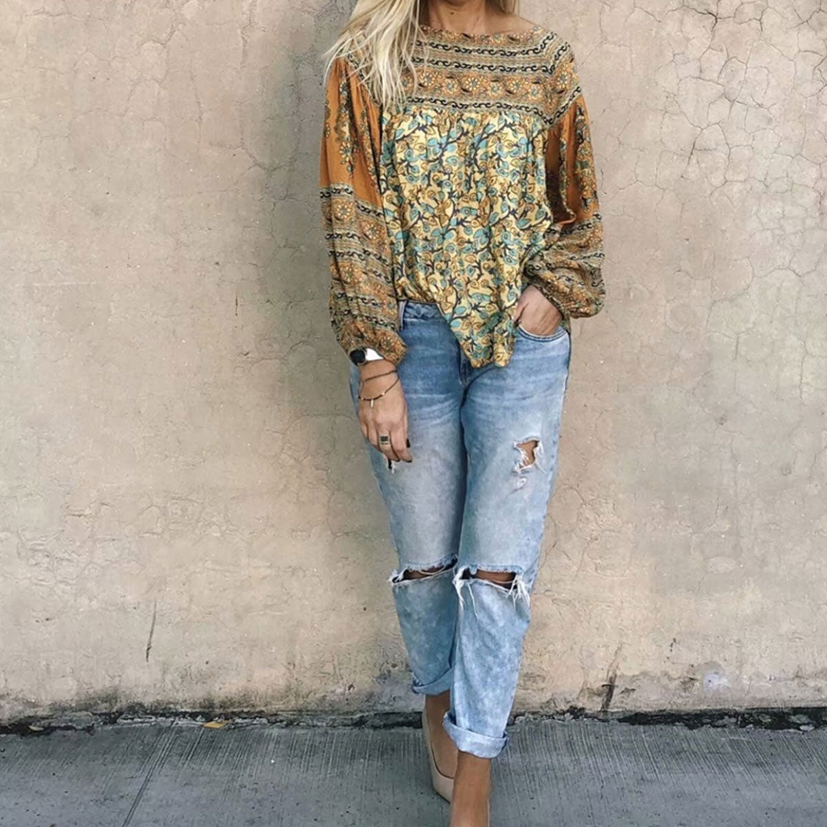 Tuscan Sun Boho Floral Print Long Sleeve Blouse