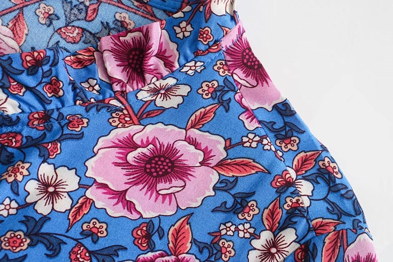 Indigo Bloom Boho Floral Print Long Sleeve Blouse