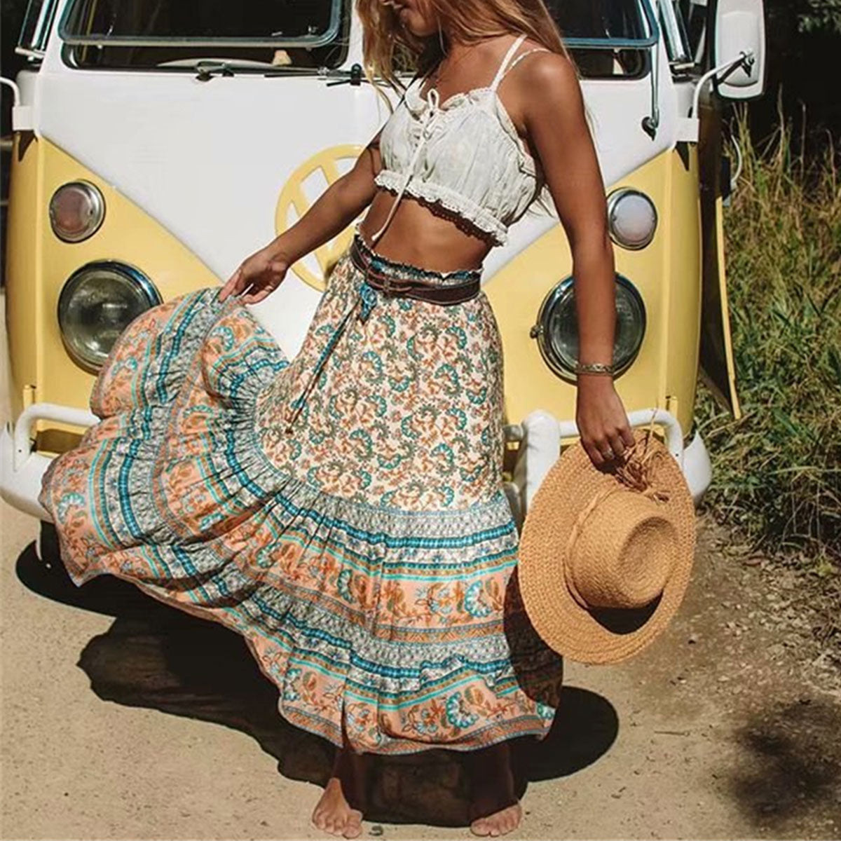 Blue Haven Boho Floral Print Midi Skirt