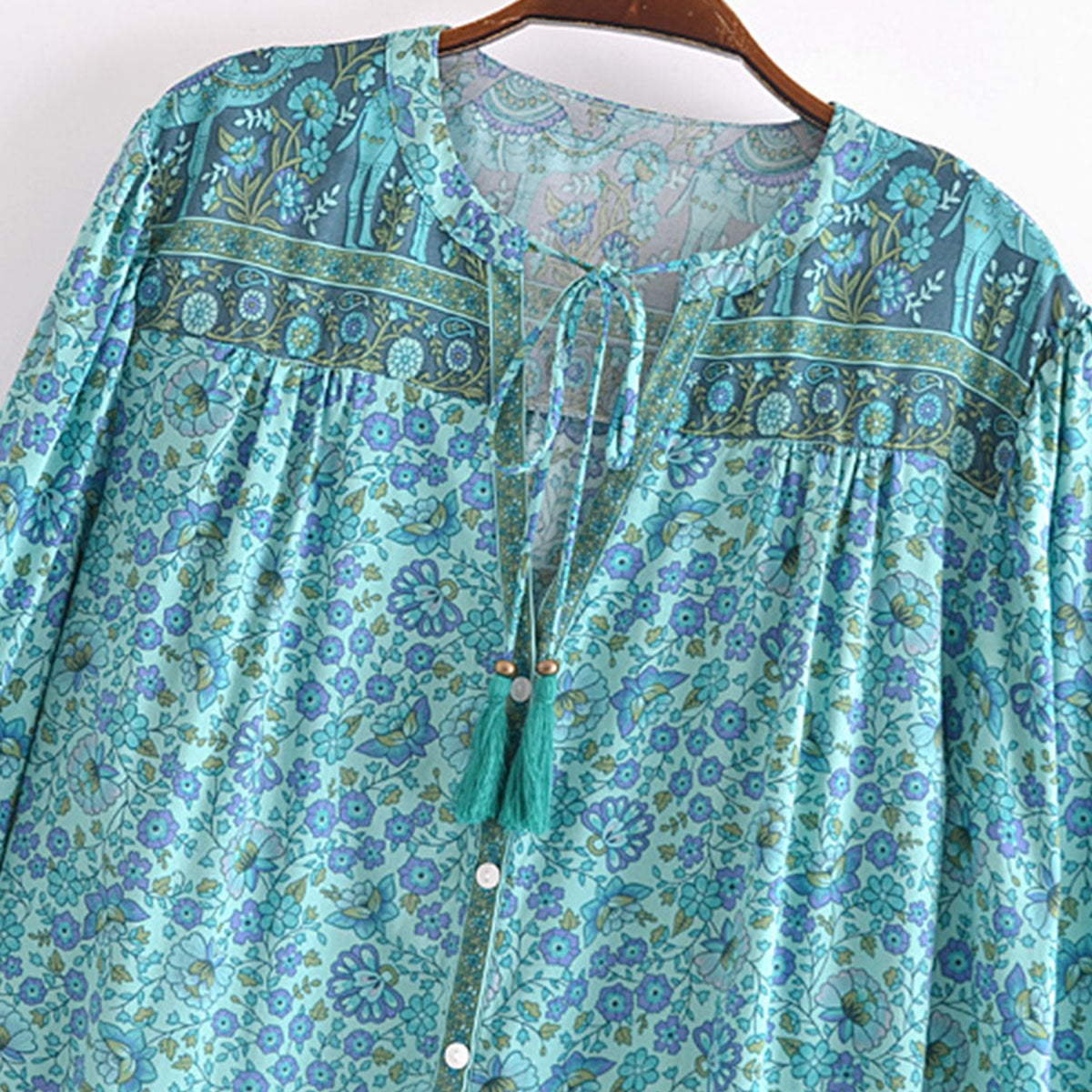 Calypso Blue Camel Boho Floral Print Long Sleeve Blouse