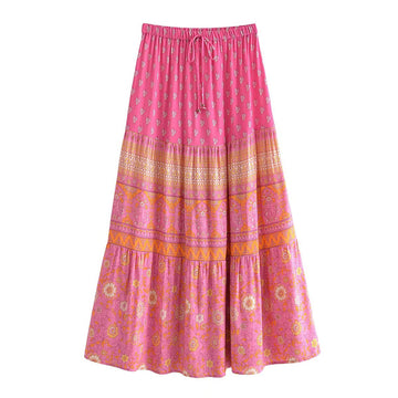 Capri Pink Floral Print Boho Maxi Skirt