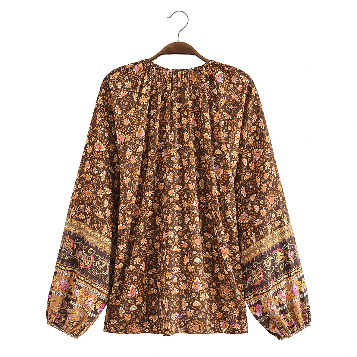 Espresso Brown Boho Floral Print Long Sleeve Blouse