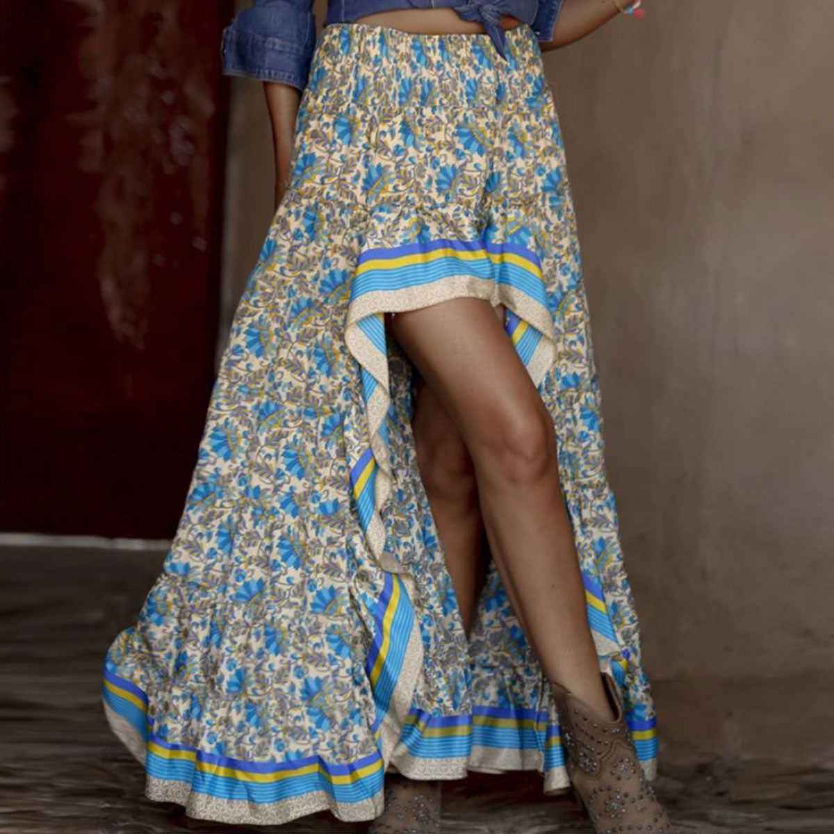 Blue Breeze Boho Floral Print High-Low Maxi Skirt