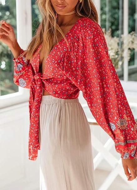 Red Bloom Boho Floral Print Long Sleeve Crop Top