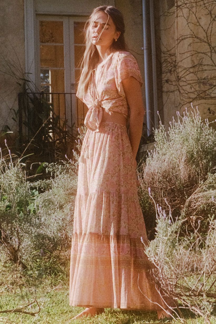 Monticello Rose Boho Floral Print Maxi Skirt