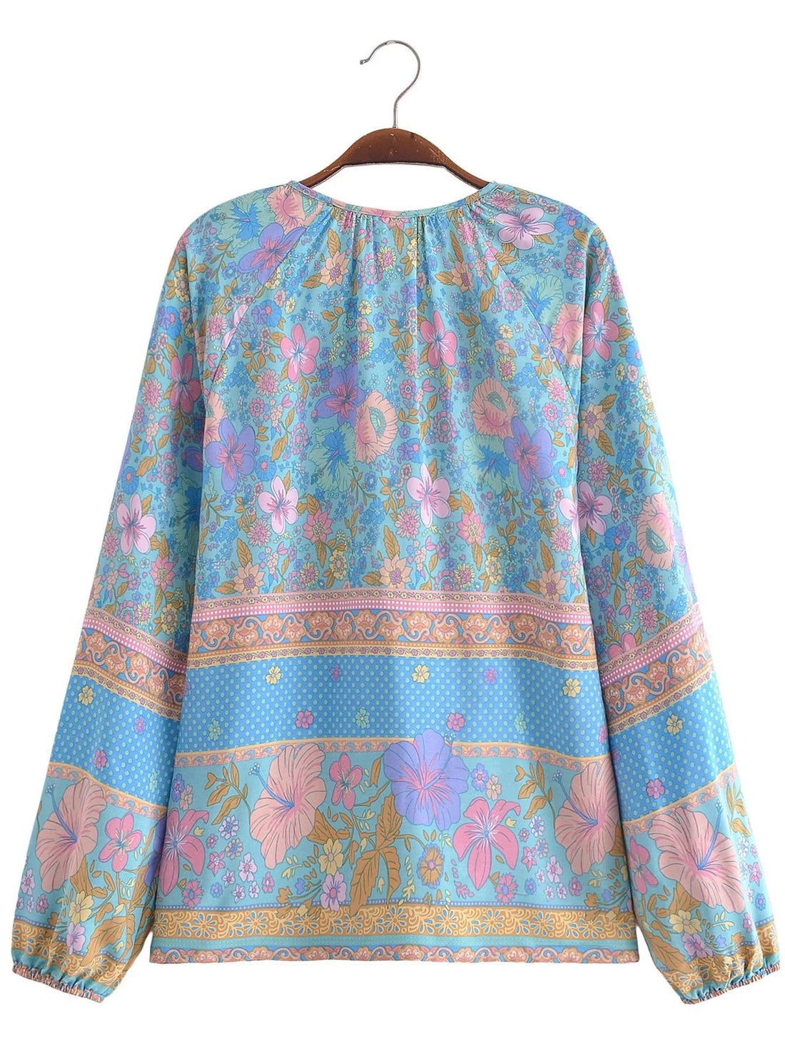 Blue Hibiscus Boho Floral Print Long Sleeve Blouse